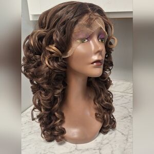 Human Hair Blend Lace Front Wig in Chestnut Brown - Natural Curls